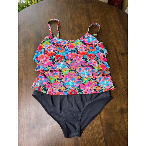 Island Pearls Island World Plus Size Women's Swimsuit Solid Floral Design Three - Picture 4 of 12